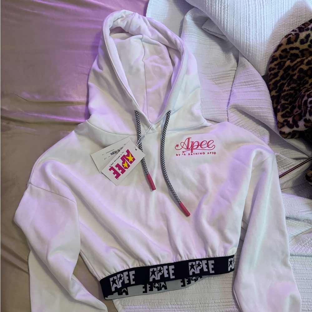 Cropped BAPE (by a Bathing Ape) white hoodie with pink detail
